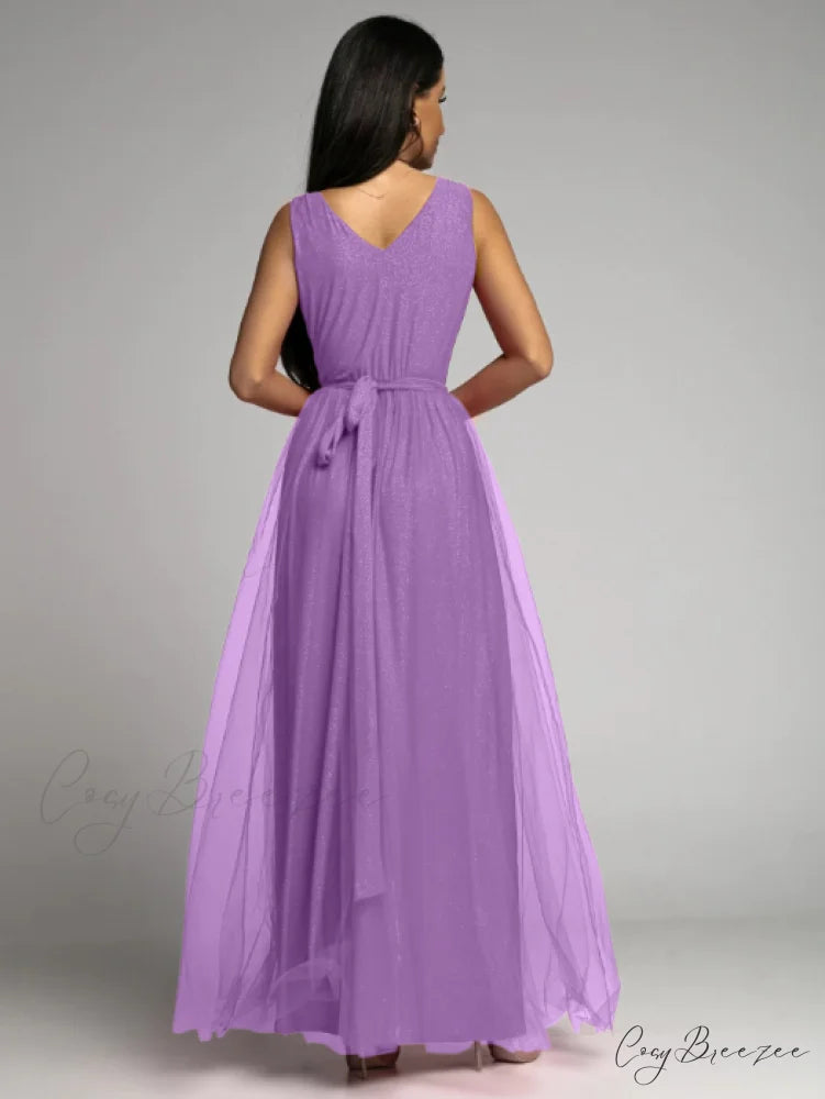 V-neck Waist Slim Split Big Swing Shiny Dress S / purple