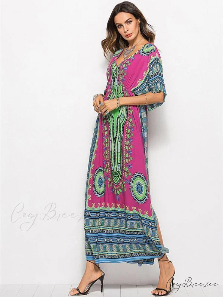 V-Neck Waisted Printed Maxi Dress for Summer Beach
