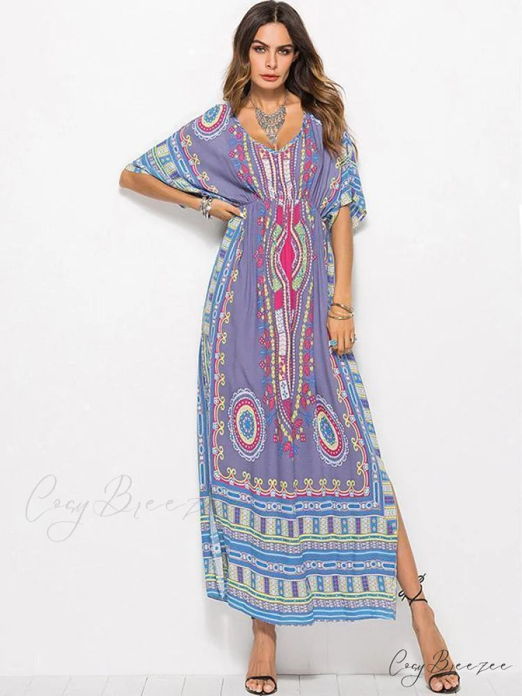 V-Neck Waisted Printed Maxi Dress for Summer Beach