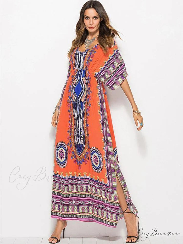 V-Neck Waisted Printed Maxi Dress for Summer Beach