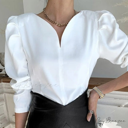 V-neck Women Blusas Arm Mujer White Arm Blouse Long Tops Puff 12899 white / One Size