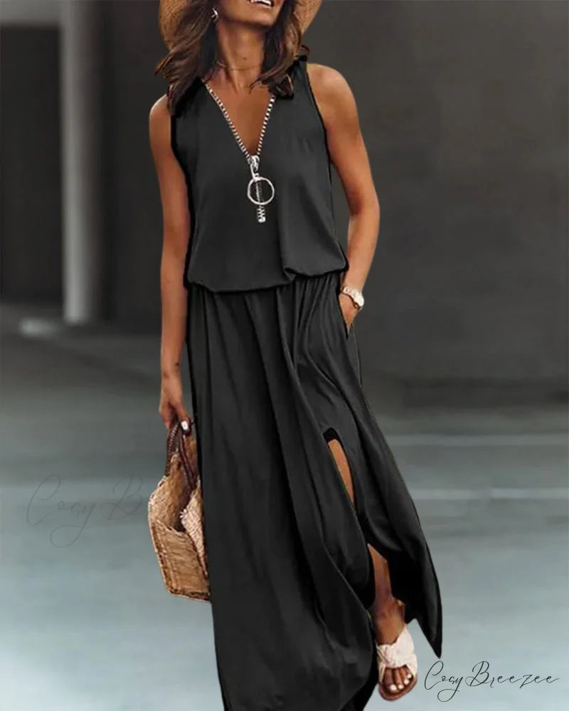 V Neck Zip Dress