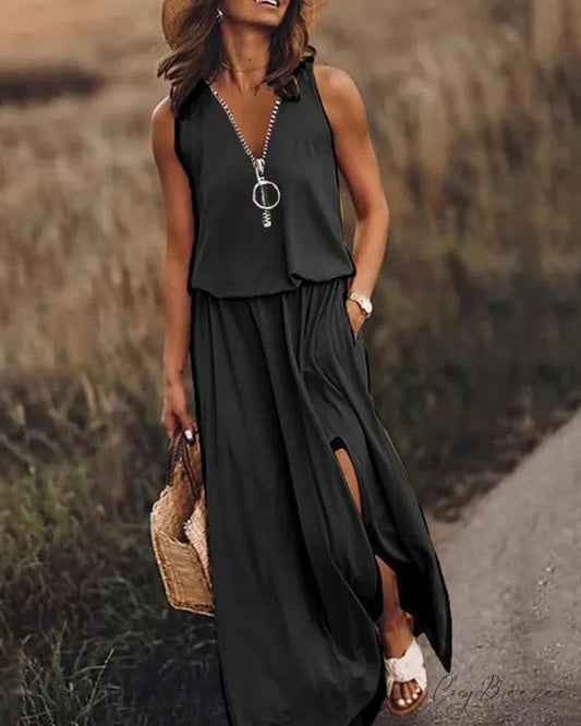 V Neck Zip Dress Black / S
