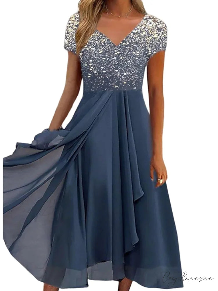 V Patchwork Line Midi A Gown with 2024 Blue Chiffon Navy Color Warm-Season - Neck Women’s and Gown Gradient Spring