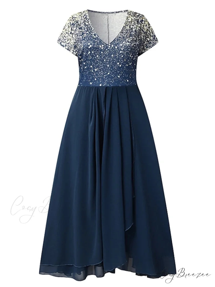 V Patchwork Line Midi A Gown with 2024 Blue Chiffon Navy Color Warm-Season - Neck Women’s and Gown Gradient Spring