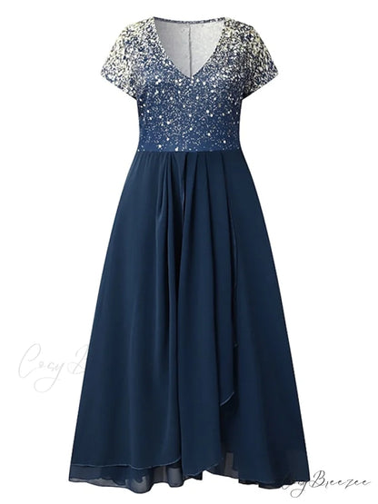 V Patchwork Line Midi A Gown with 2024 Blue Chiffon Navy Color Warm-Season - Neck Women’s and Gown Gradient Spring