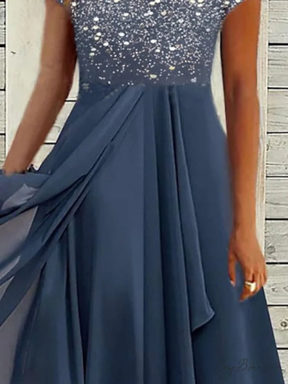 V Patchwork Line Midi A Gown with 2024 Blue Chiffon Navy Color Warm-Season - Neck Women’s and Gown Gradient Spring