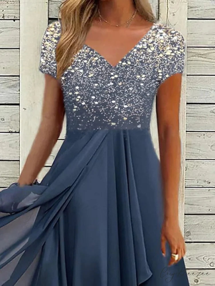 V Patchwork Line Midi A Gown with 2024 Blue Chiffon Navy Color Warm-Season - Neck Women’s and Gown Gradient Spring