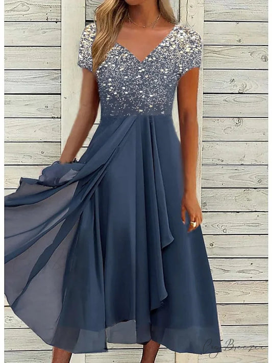 V Patchwork Line Midi A Gown with 2024 Blue Chiffon Navy Color Warm-Season - Neck Women’s and Gown Gradient Spring