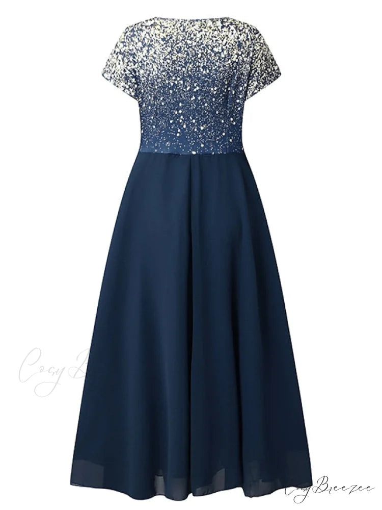 V Patchwork Line Midi A Gown with 2024 Blue Chiffon Navy Color Warm-Season - Neck Women’s and Gown Gradient Spring