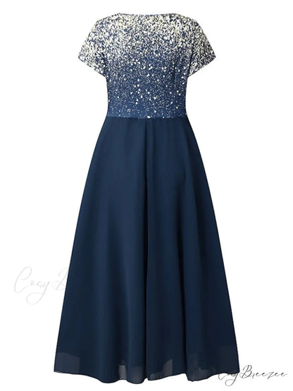V Patchwork Line Midi A Gown with 2024 Blue Chiffon Navy Color Warm-Season - Neck Women’s and Gown Gradient Spring