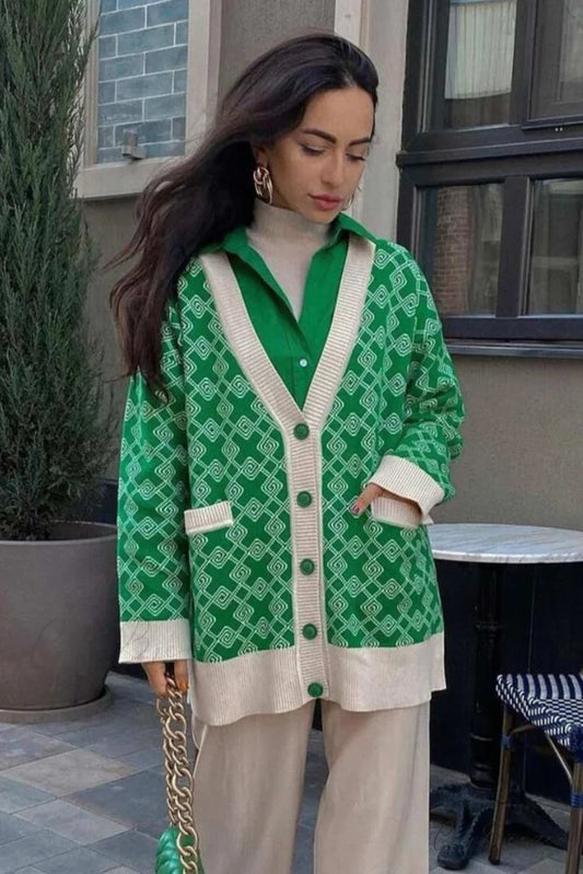 V Pattern Geometric Neck Cardigan Green / S