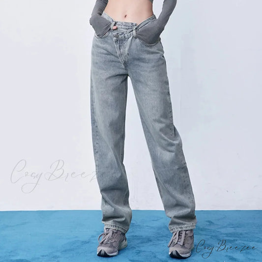 V Waist Straight Barrel Irregular Button Design Jeans Blue / XS