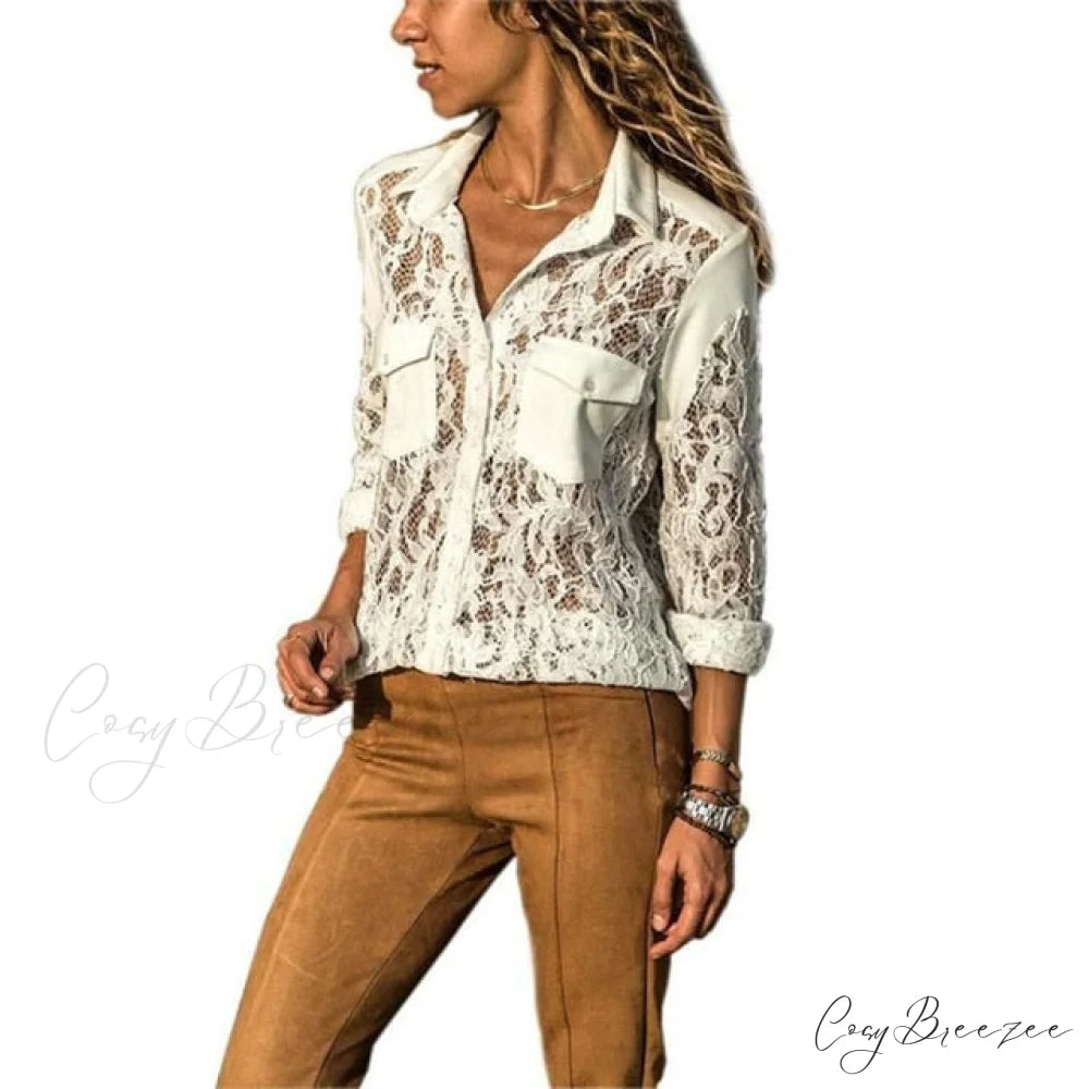 V Women Solid White Jacquard Dot Long Top Polka Arm Deep Fashion Neck Mesh Blouse Blouse