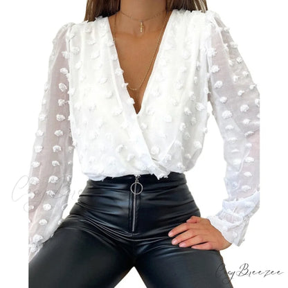 V Women Solid White Jacquard Dot Long Top Polka Arm Deep Fashion Neck Mesh Blouse Blouse United States / L / 867686