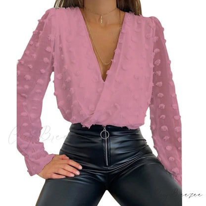 V Women Solid White Jacquard Dot Long Top Polka Arm Deep Fashion Neck Mesh Blouse Blouse United States / L / 867686 Pink