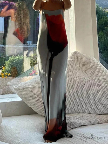 Vacation Abstract Tulip Print Graceful Slip H-Line Maxi Dress