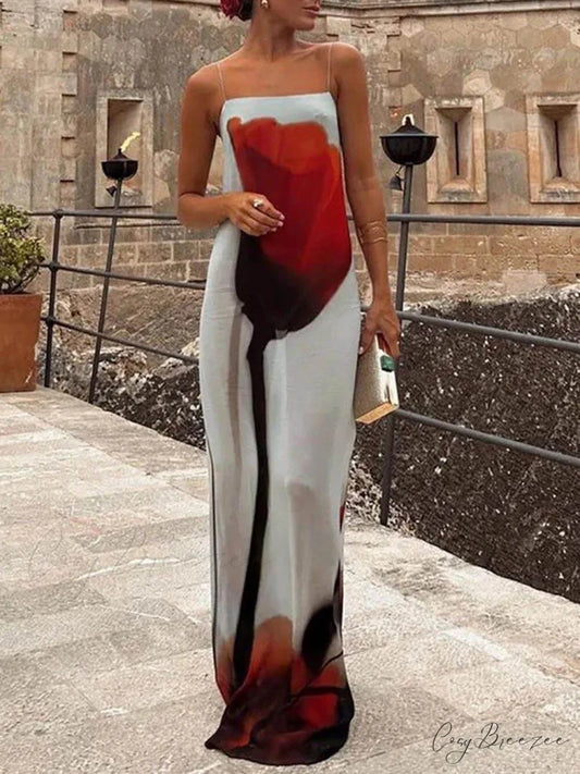 Vacation Abstract Tulip Print Graceful Slip H-Line Maxi Dress Light Blue / S