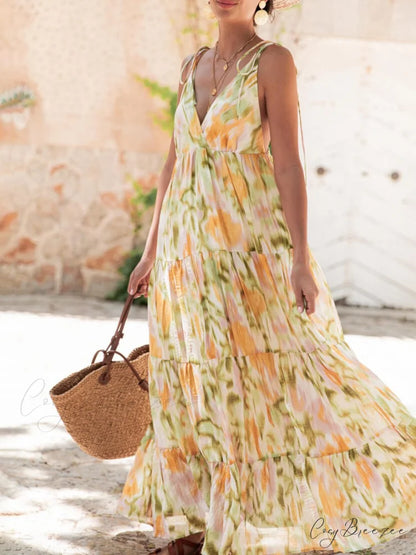 Vacation Casual Loose Tie-Dye Floral Trendy V-Neck Waist Slimming Midi Dress