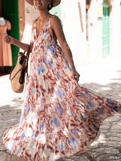 Vacation Casual Loose Tie-Dye Floral Trendy V-Neck Waist Slimming Midi Dress Brown / S