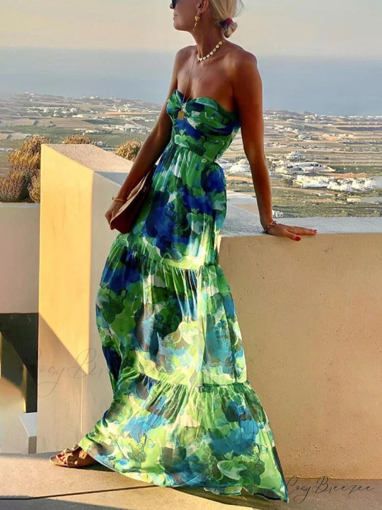 Vacation Casual Printed Charming Wrap-Around Maxi Dress Green / S
