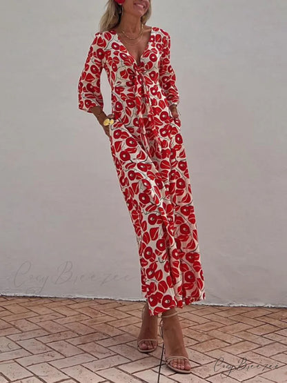 Vacation Floral Print Smocked Graceful Off Shoulder Pocketed Maxi Dress