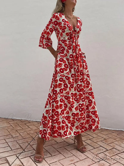 Vacation Floral Print Smocked Graceful Off Shoulder Pocketed Maxi Dress Red / S