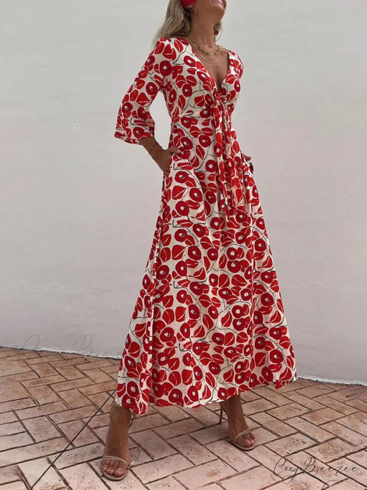 Vacation Floral Print Smocked Graceful Off Shoulder Pocketed Maxi Dress Red / S
