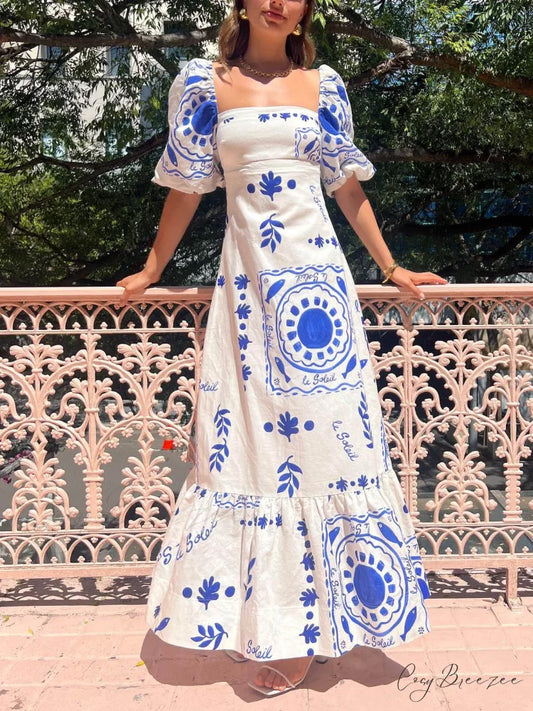 Vacation Puff Stylish Sleeve Midi Dress White / S