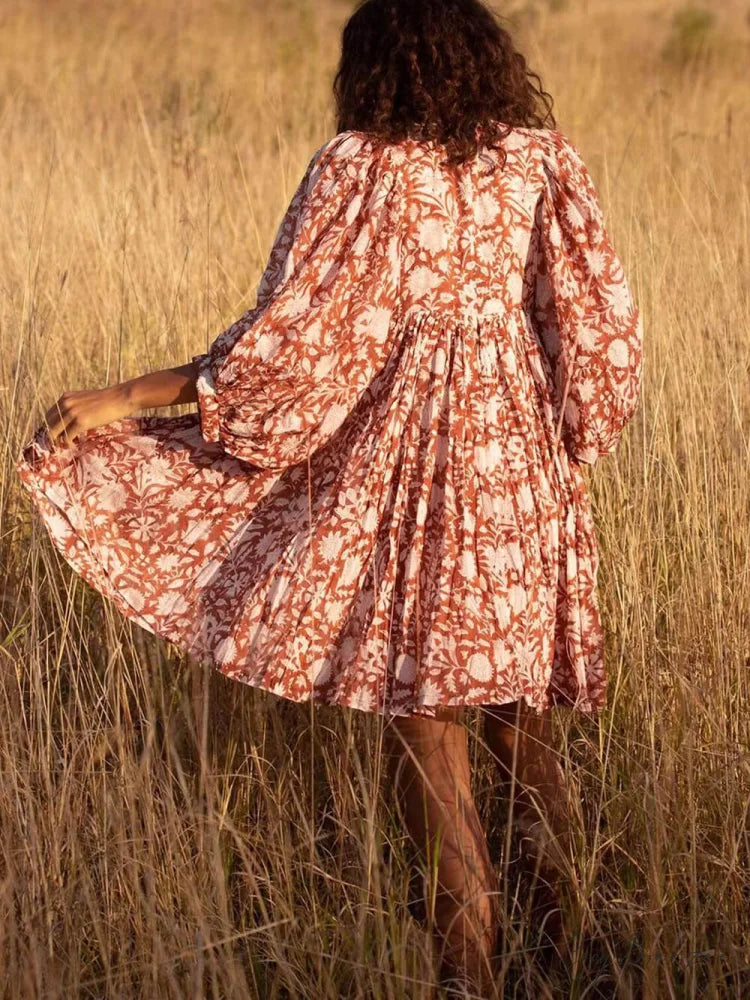 Vacation Retro Style Charming Loose Printed Dress Orange / S