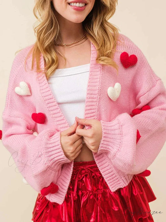 Valentine’s Day 3D Heart Embroidery Cardigan Pink / S cardigans-241228
