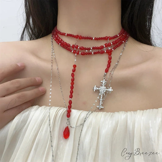 Vampire Gothic Punk Tassel Blood Drop Water Drop Cool Necklace RED