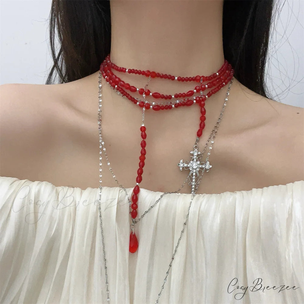 Vampire Gothic Punk Tassel Blood Drop Water Drop Cool Necklace RED