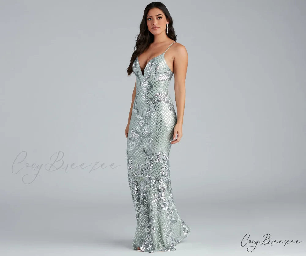 Vee Formal Stylish Sequin Mermaid Dress