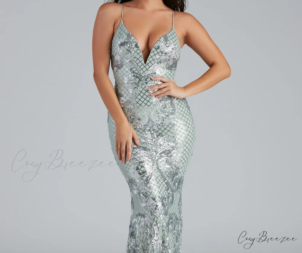 Vee Formal Stylish Sequin Mermaid Dress