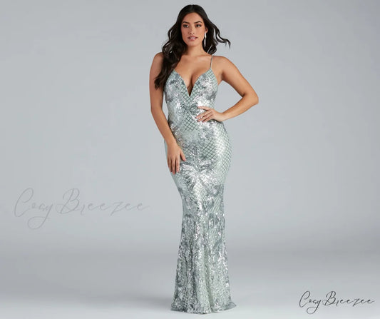 Vee Formal Stylish Sequin Mermaid Dress MINT / XS