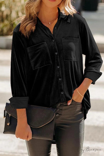 Velvet Blouse with Pockets Black / S