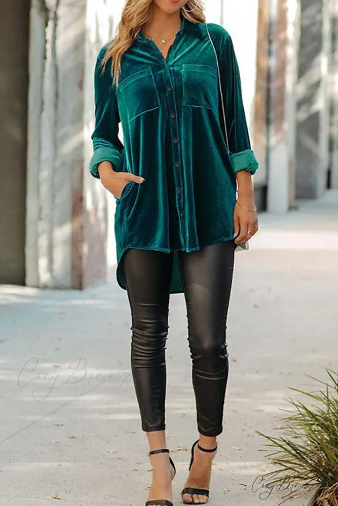 Velvet Blouse with Pockets Peacock Blue / XL