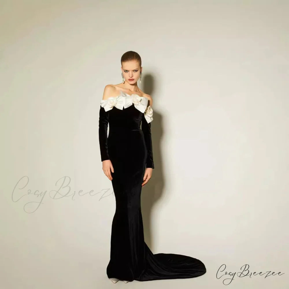 Velvet Bow Strapless Floor-Length Prom Dress black / XS promdress-250223