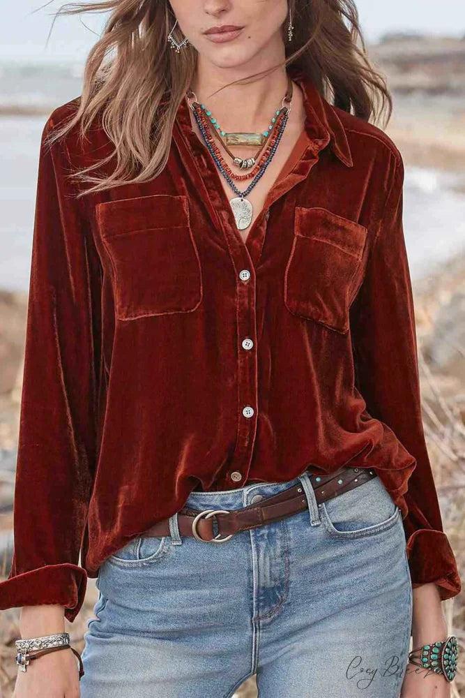 Velvet Button Up Blouse with Lapel Brick Red / S