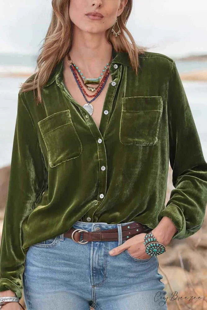 Velvet Button Up Blouse with Lapel Green / S
