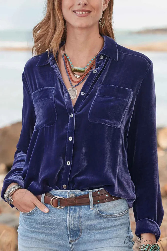 Velvet Button Up Blouse with Lapel Purple Orchid / S