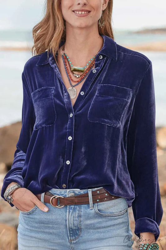 Velvet Button Up Blouse with Lapel Purple Orchid / S