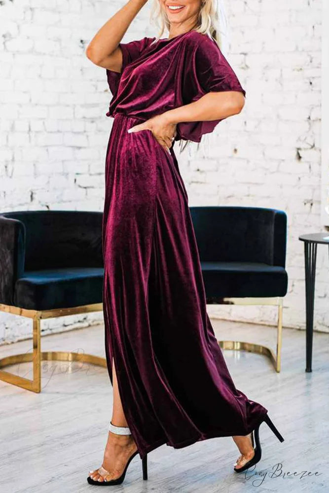Velvet Crew Neck Midi Dress with High Slit Wine Red / M