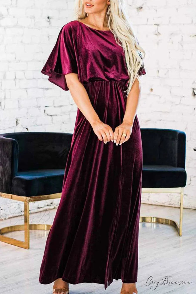 Velvet Crew Neck Midi Dress with High Slit Wine Red / S