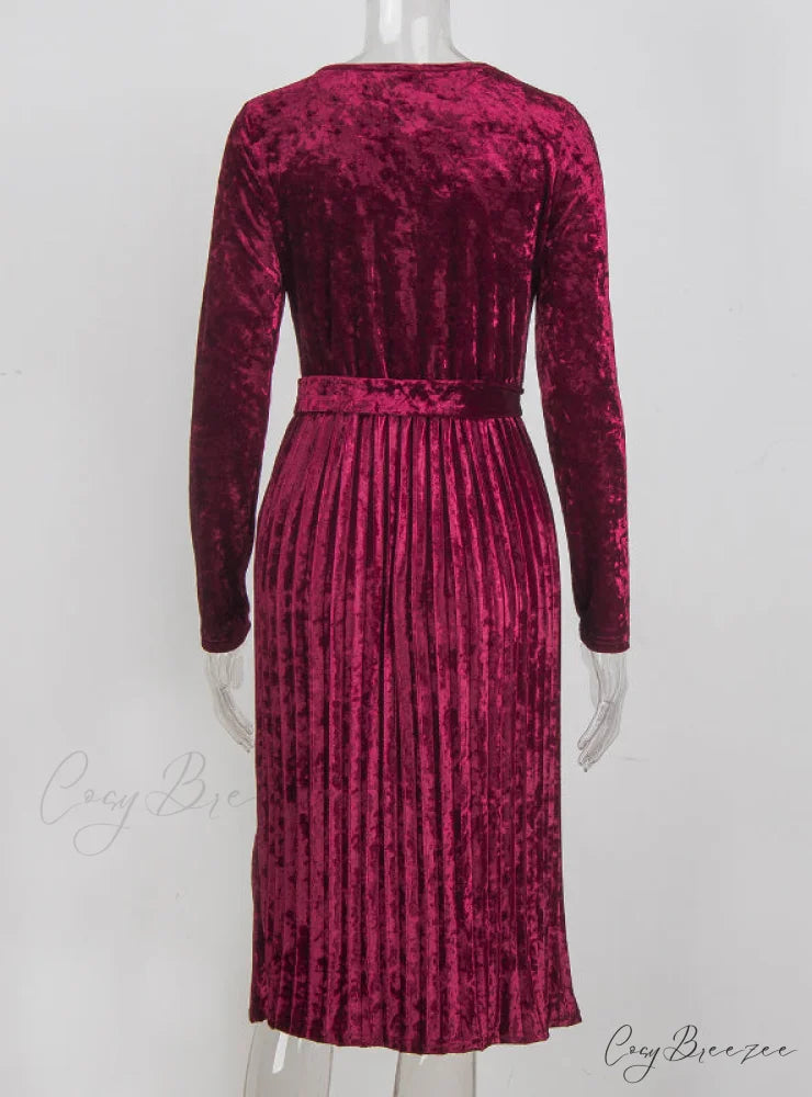 Velvet Dress with Long Sleeves and O-Neck for Women M / Green