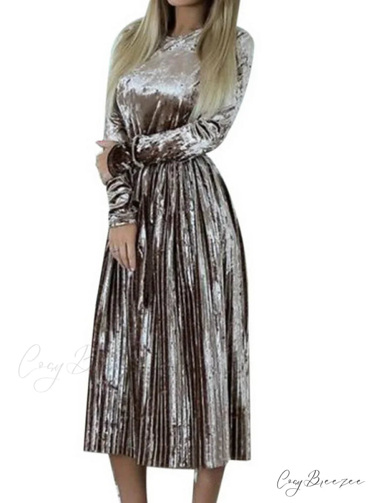 Velvet Dress with Long Sleeves and O-Neck for Women S / Blue