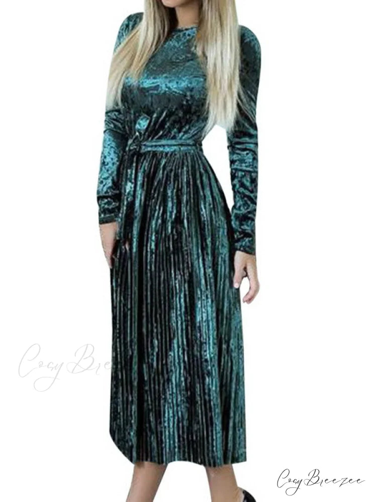 Velvet Dress with Long Sleeves and O-Neck for Women S / Green