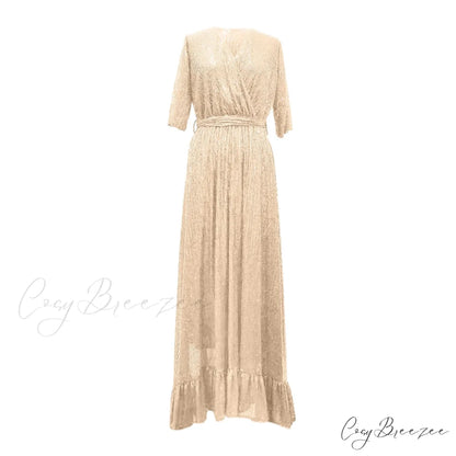 Velvet Elegant V-Neck Slimming Pleated Long Sleeve Wedding Dress