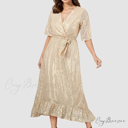 Velvet Elegant V-Neck Slimming Pleated Long Sleeve Wedding Dress Gold / S